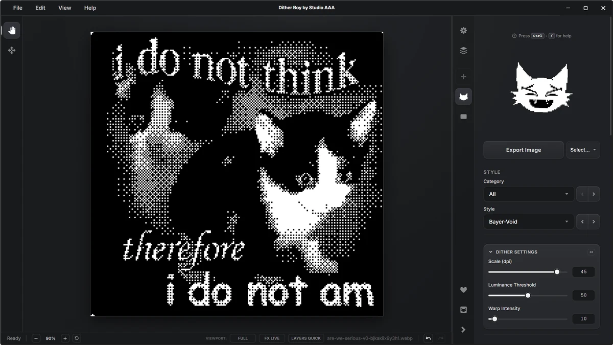 Dither Boy in the Studio theme - Bayer-Void dither in black and white