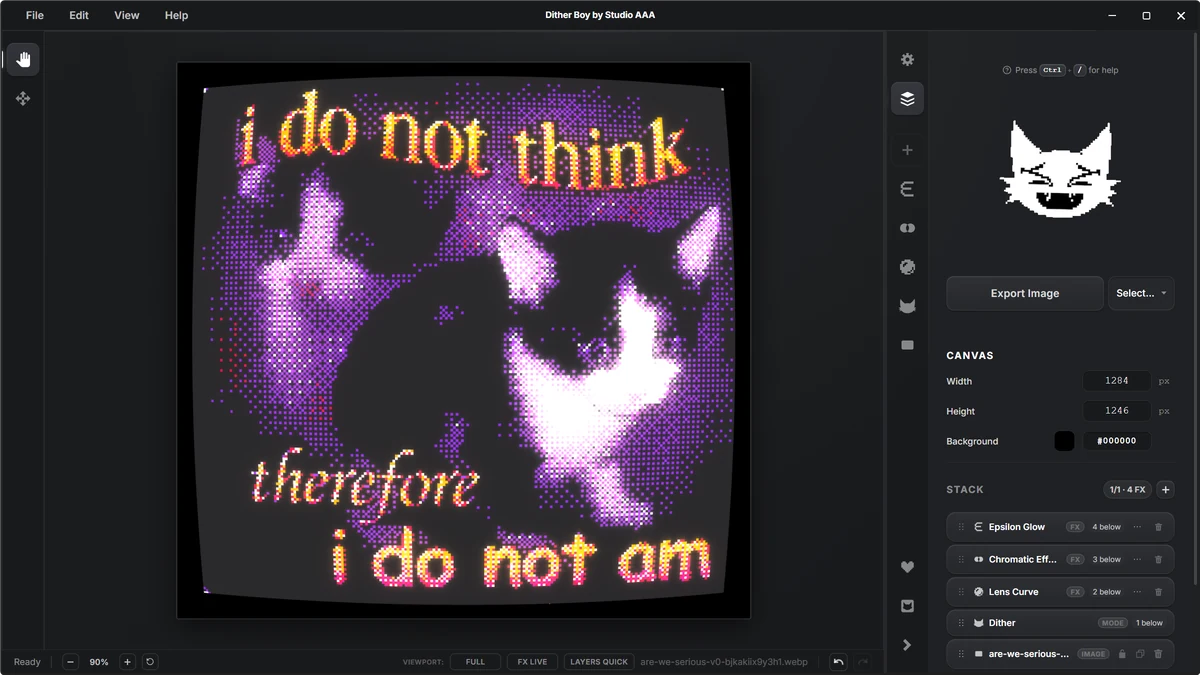 Dither Boy in the Studio theme - a CRT effect stack in the Pipeline panel